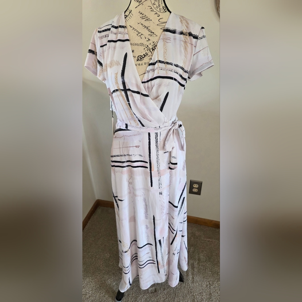 Babaton Pink, Cream, White and Black Midi Wrap Slit Dress.